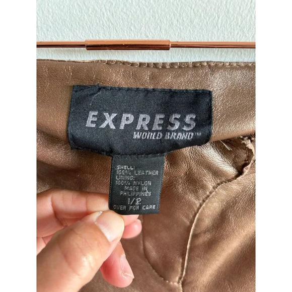 Express World Brand Womens Flat Front Leather Bootcut Pants Bronze Sz M - Picture 11 of 11